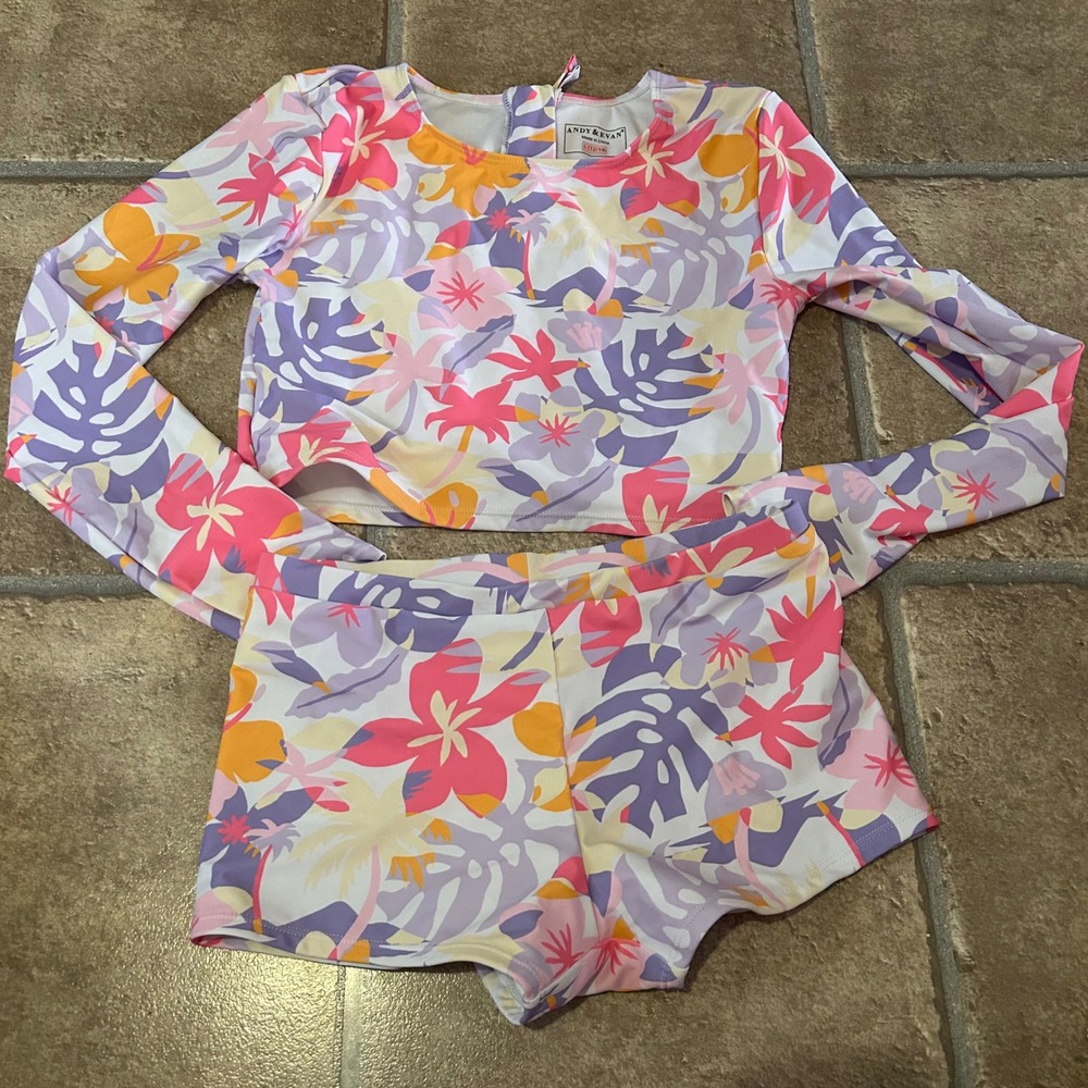 Andy & Evan Girls Tropical Floral Rash Guard Two Piece Swimsuit Pink Purple L